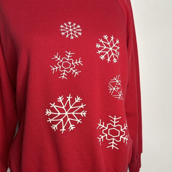VTG Hanes Christmas Sweatshirt M Red Minimalist Snowflake Holiday 80s 90s USA - Picture 5 of 8